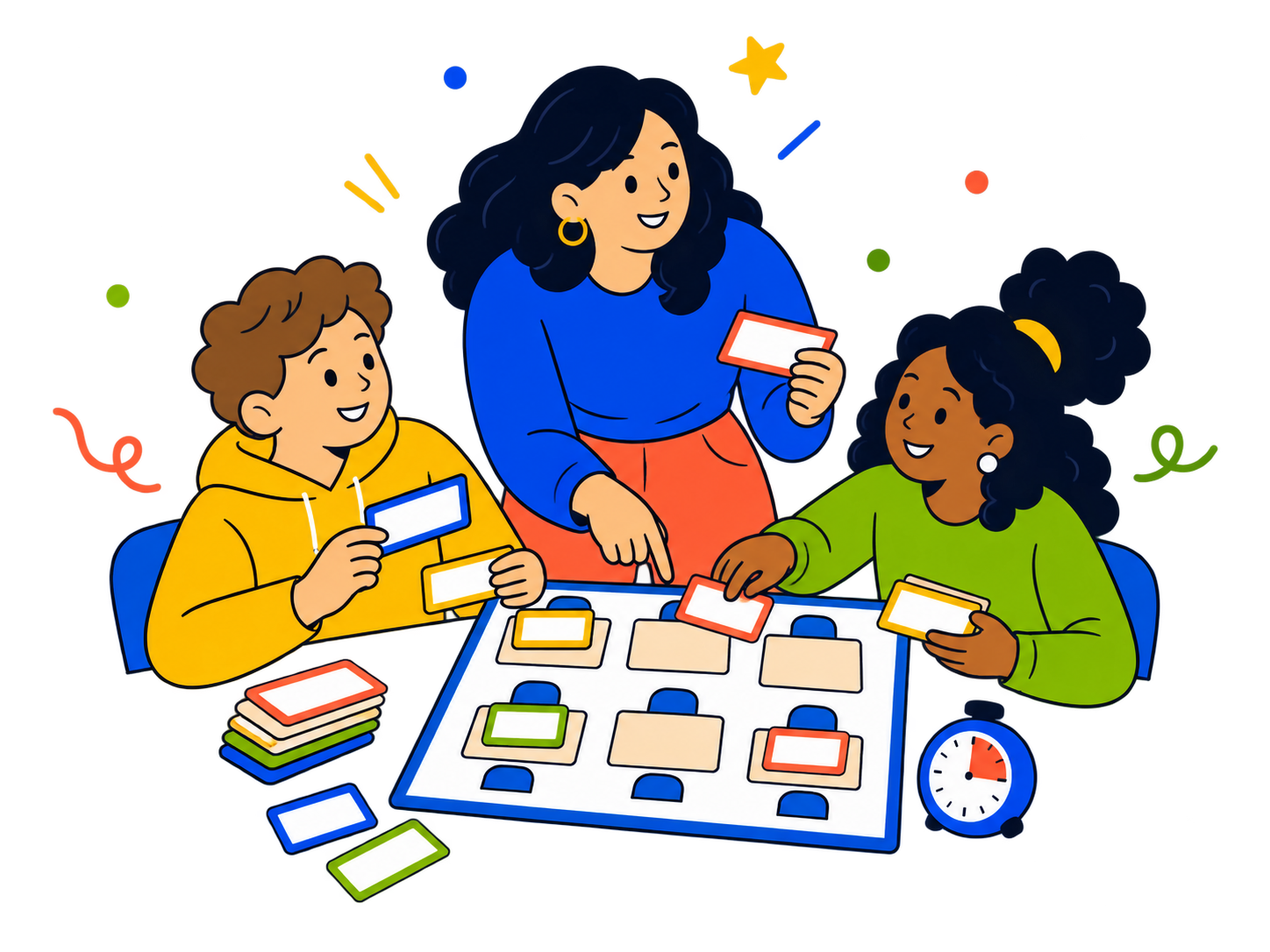 A teacher and students arranging a classroom seating plan together