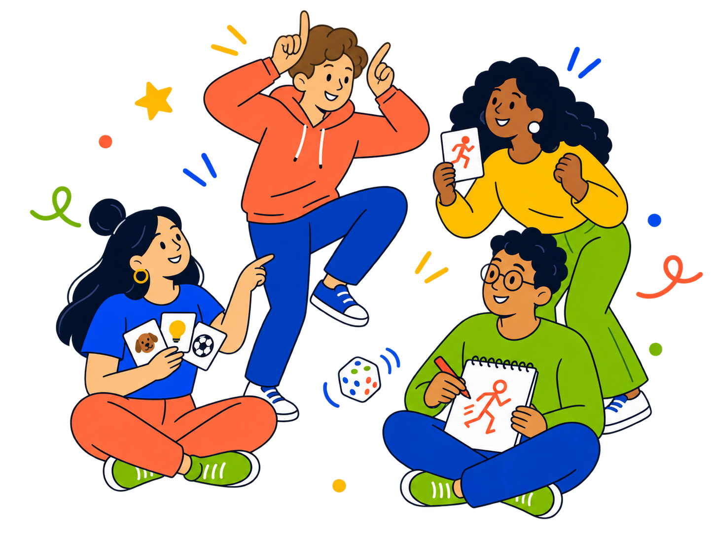 Friends playing party games together with cards, drawing prompts and dice